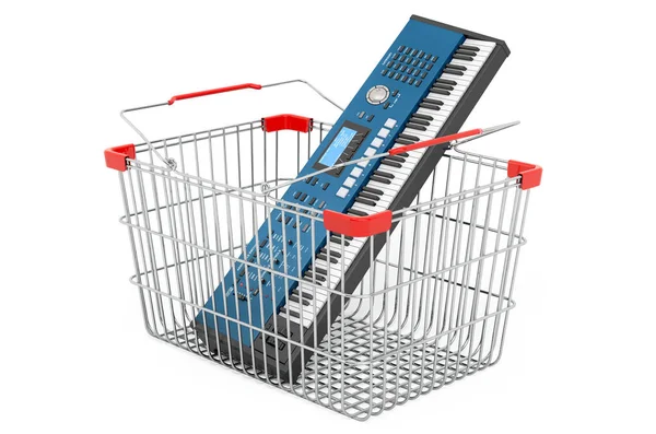 Cesta Compra Con Sintetizador Piano Electrónico Representación Aislada Sobre Fondo — Foto de Stock