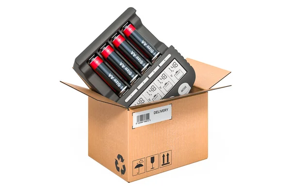 Battery Charger Cardboard Box Delivery Concept Rendering Isolated White Background — Stock Photo, Image