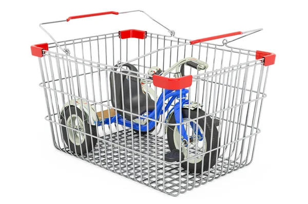 Триколісний Велосипед Дитячий Велосипед Всередині Кошика Покупок Візуалізація Ізольовано Білому — стокове фото