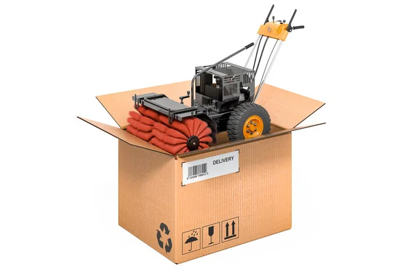 Snow Sweeper Power Brush Broom Industrial Cardboard Box Delivery Concept — Stock Photo, Image