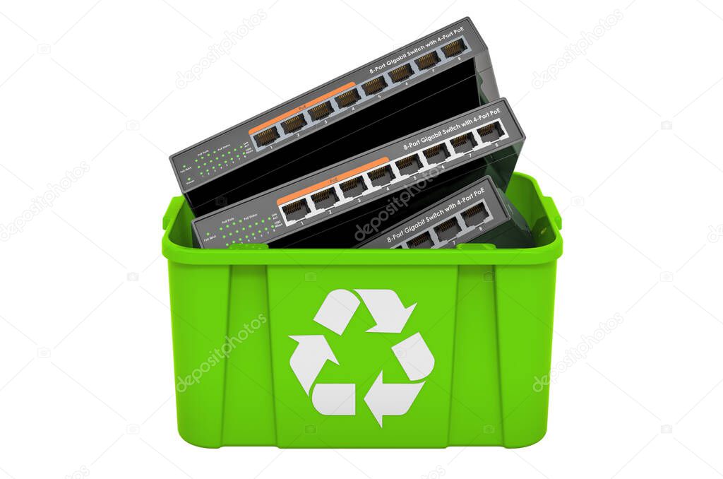 Recycling trashcan with network switch, 3D rendering isolated on white background