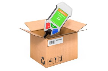 Karton kutunun içindeki nitrat testi, teslimat konsepti. Beyaz arkaplanda 3B görüntüleme izole edildi