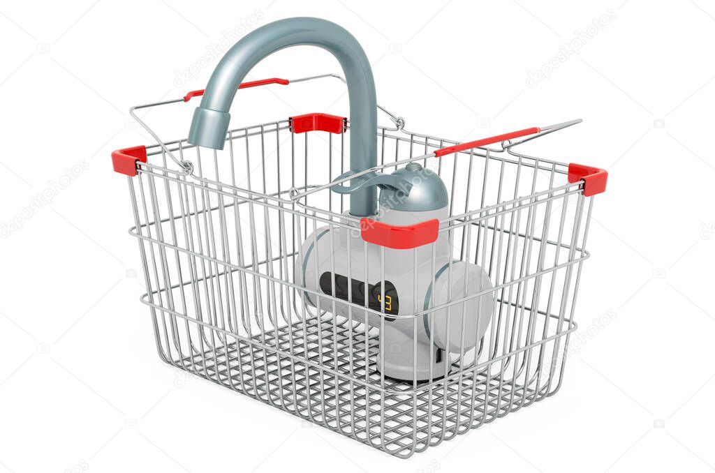 Shopping basket with instant electric water heater, 3D rendering isolated on white background