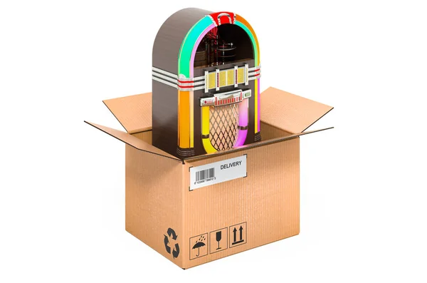 Jukebox Clássico Dentro Caixa Papelão Conceito Entrega Renderização Isolada Fundo — Fotografia de Stock