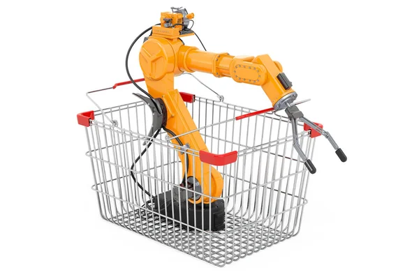 Cesto Shopping Con Braccio Robotico Rendering Isolato Sfondo Bianco — Foto Stock