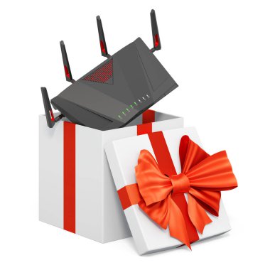 Hediye kutusundaki Wi-Fi 6 Router, şimdiki konsept. Beyaz arkaplanda 3B görüntüleme izole edildi