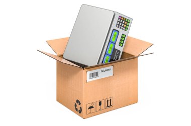 Karton kutunun içindeki fiyat hesaplama ölçeği, teslimat konsepti. Beyaz arkaplanda 3B görüntüleme izole edildi