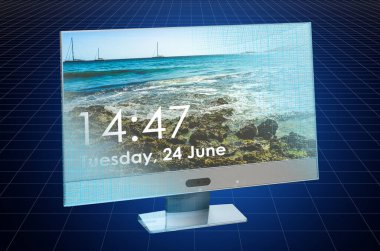 Bilgisayar monitörünün 3d 'lik küçük modelini, taslağını gözünde canlandır. 3B görüntüleme