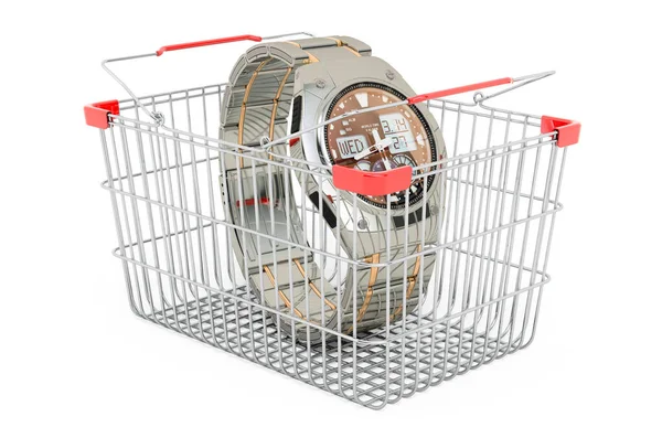 购物篮内模拟数字手表 白色背景下的3D渲染隔离 — 图库照片
