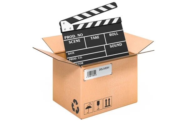 Clapperboard Cardboard Box Delivery Concept Rendering Isolated White Background — Stock Photo, Image