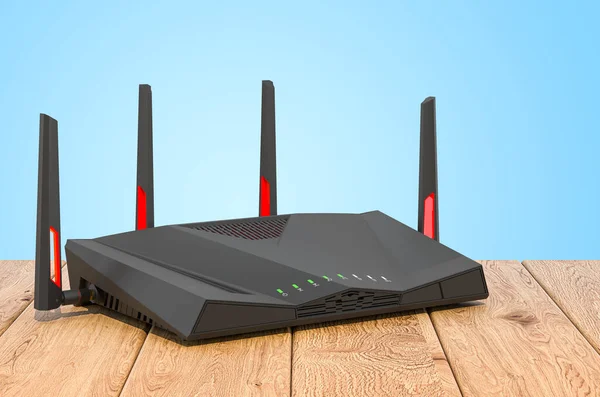 Ασύρματο Router Internet Στις Ξύλινες Σανίδες Rendering — Φωτογραφία Αρχείου