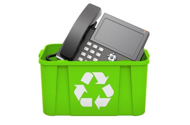IP telefonlu çöp kutusu geri dönüşümü, beyaz arkaplanda 3 boyutlu görüntüleme