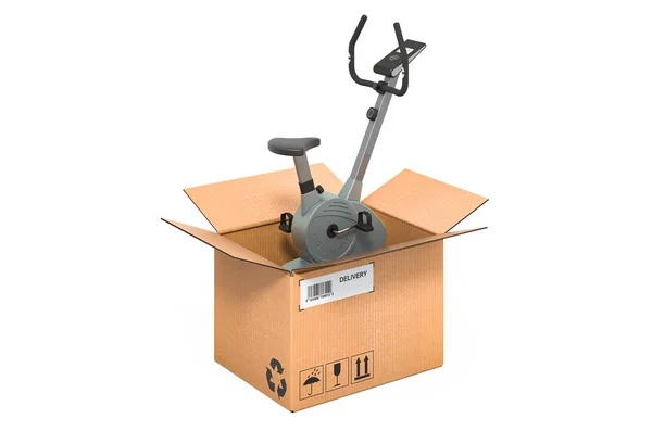 Exercise Bike Cardboard Box Delivery Concept Rendering Isolated White Background — Stock Photo, Image