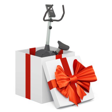 Hediye kutusunun içinde egzersiz bisikleti, hediye konsepti. Beyaz arkaplanda 3B görüntüleme izole edildi