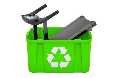 Koşu bandıyla çöp kutusu geri dönüşümü, beyaz arkaplanda 3 boyutlu görüntüleme