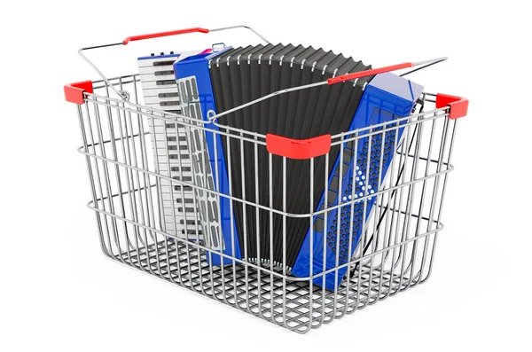 Shopping Basket Piano Accordion Rendering Isolated White Background — 스톡 사진