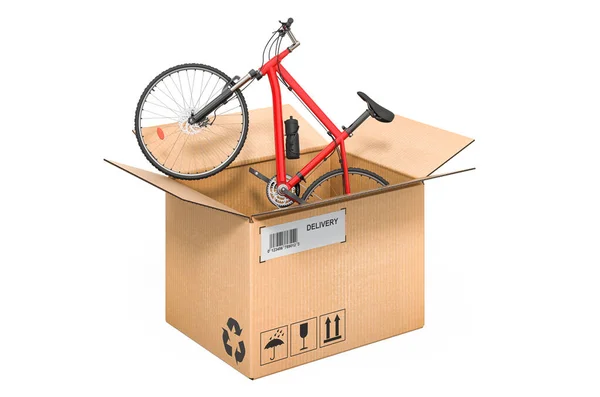 Sport Bicycle Cardboard Box Delivery Concept Rendering Isolated White Background — Zdjęcie stockowe