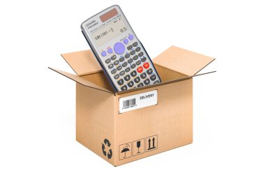 Karton kutunun içindeki bilimsel hesap makinesi, teslimat konsepti. Beyaz arkaplanda 3B görüntüleme izole edildi
