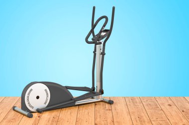 Tahta döşeme üzerinde eliptik antrenör ya da çapraz antrenör, üç boyutlu görüntüleme