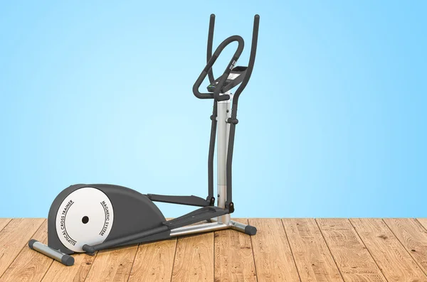 Elliptical trainer or cross-trainer on the wooden planks, 3D rendering