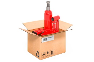Karton kutunun içinde hidrolik şişe kriko, teslimat konsepti. Beyaz arkaplanda 3B görüntüleme izole edildi