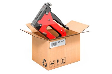 Karton kutunun içindeki zımba tabancası, teslimat konsepti. Beyaz arkaplanda 3B görüntüleme izole edildi