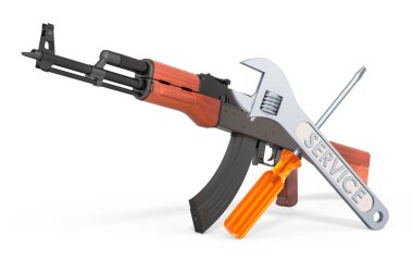 Saldırı tüfeğinin servis ve onarımı, beyaz arka planda 3 boyutlu görüntüleme