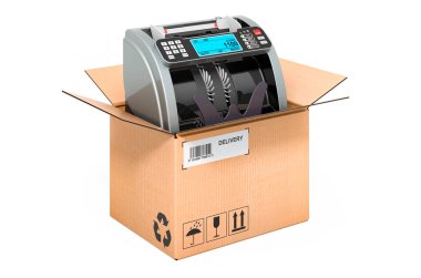 Karton kutunun içindeki banknot sayacı, teslimat konsepti. Beyaz arkaplanda 3B görüntüleme izole edildi