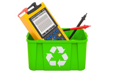 Osilograflı çöp kutusu geri dönüşümü, beyaz arkaplanda 3 boyutlu görüntüleme