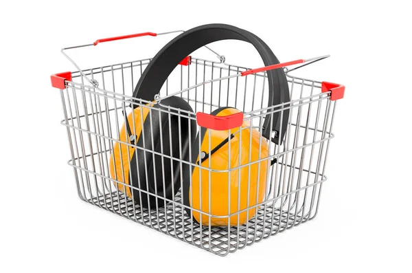 Shopping basket with ear defenders, 3D rendering isolated on white background