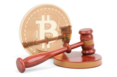 Tahta tokmaklı Bitcoin, beyaz arkaplanda 3 boyutlu görüntüleme