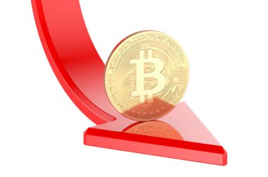 Bitcoin Düşen Fiyat konsepti. Bitcoin with Red Arrow Down, 3D görüntüleme beyaz arkaplanda izole edildi