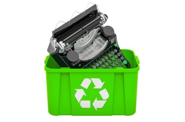 Mekanik daktiloyla çöp tenekesinin geri dönüşümü, beyaz arkaplanda 3 boyutlu görüntüleme