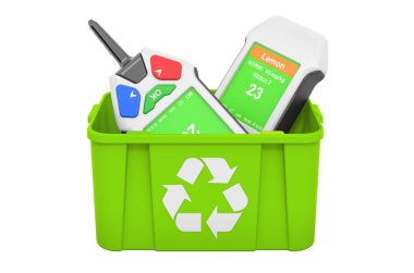 Nitrat testçili çöp tenekesi geri dönüşümü, beyaz arkaplanda 3 boyutlu görüntüleme