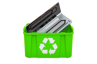 Süpürge kapaklı çöp tenekesi geri dönüşümü, beyaz arkaplanda 3 boyutlu görüntüleme