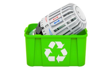 Termostatlı çöp tenekesi geri dönüşümü, beyaz arkaplanda 3 boyutlu görüntüleme