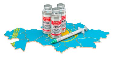 Kazak haritalı aşı ve şırınga. Kazakistan konseptinde aşılama, 3 boyutlu görüntüleme beyaz arka planda izole edildi