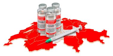 Aşı ve İsviçre haritalı şırınga. İsviçre konseptinde aşılama, 3 boyutlu görüntüleme beyaz arka planda izole edildi