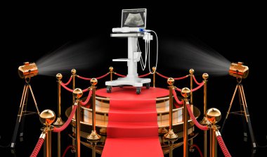 Tıbbi ultrason cihazlı podyum, tarayıcı. Siyah arkaplanda 3B görüntüleme izole edildi