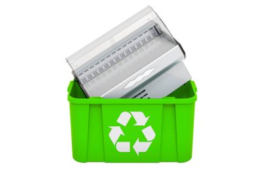 Çöp tenekesini vitrinli, vitrinli geri dönüşüm kutusuna koymak. Beyaz arkaplanda 3B görüntüleme izole edildi