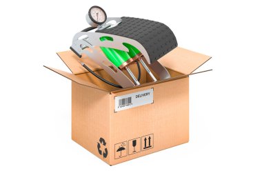 Karton kutunun içinde yüksek basınç hava pompası, teslimat konsepti. Beyaz arkaplanda 3B görüntüleme izole edildi