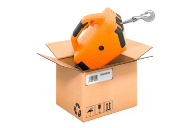 Karton kutunun içinde taşınabilir elektrikli vinç, teslimat konsepti. Beyaz arkaplanda 3B görüntüleme izole edildi