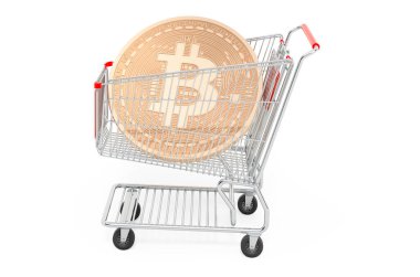 Bitcoin 'li alışveriş arabası, madencilik konsepti. Beyaz arkaplanda 3B görüntüleme izole edildi