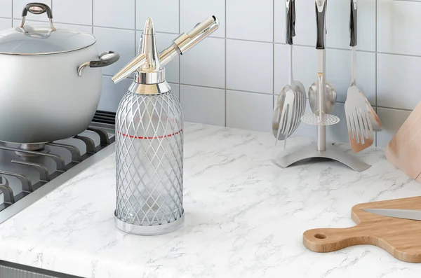 Siphon Seltzer Bottle on the kitchen desk, 3D rendering