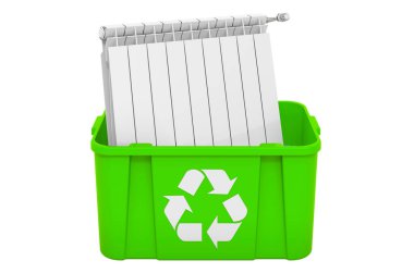 Çöp tenekesinin ısıtma radyatörüyle geri dönüşümü, 3 boyutlu görüntüleme beyaz arkaplanda izole edildi