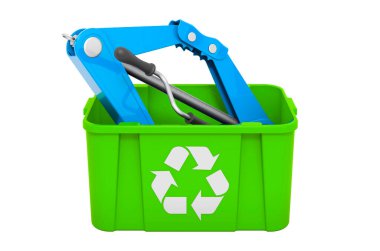 Çöp kutusunun tornavida ile geri dönüşümü, 3 boyutlu görüntüleme beyaz arkaplanda izole edildi