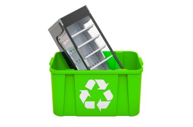 Ekran vitrini olan çöp kutusu geri dönüşümü, beyaz arkaplanda 3 boyutlu görüntüleme