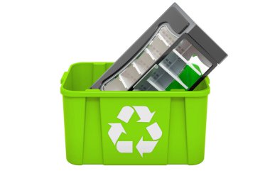 Soğutulmuş vitrin vitrinli çöp kutusunun geri dönüşümü, beyaz arkaplanda 3 boyutlu görüntüleme