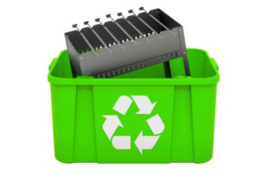 Çöp tenekesini mangal ile geri dönüştürme, 3 boyutlu görüntüleme beyaz arkaplanda izole edildi