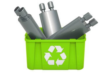 Otomobil egzoz borusuyla çöp kutusu geri dönüşümü, beyaz arkaplanda 3 boyutlu görüntüleme